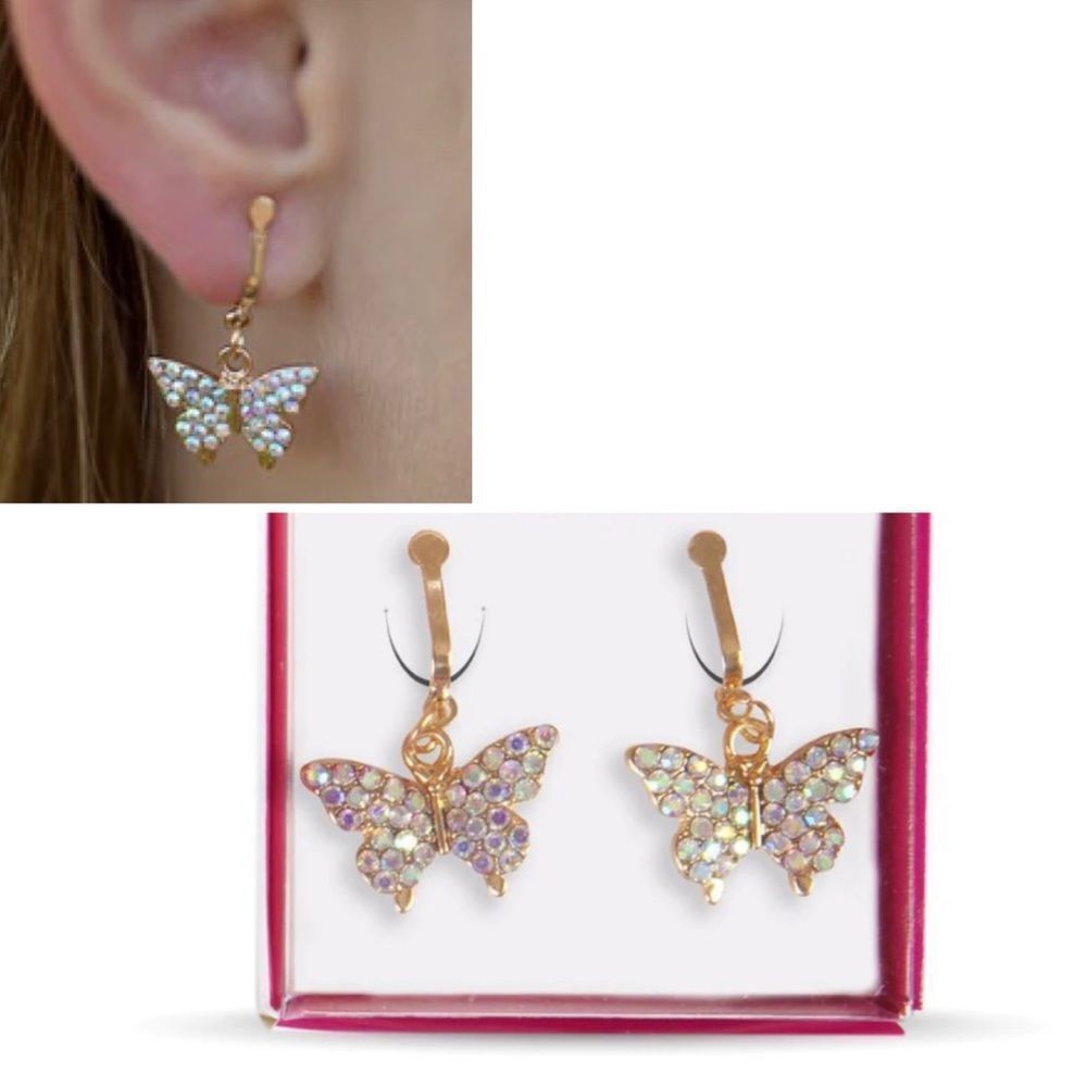 BUTTERFLY aurora borealis iridescent dangling rhinestone gold clip on earrings